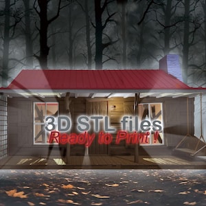 May include: A 3D printed model of a wooden cabin with a red roof, a porch, and a swing. The cabin is surrounded by trees and leaves. The text "3D STL files Ready to Print!" is superimposed on the image.