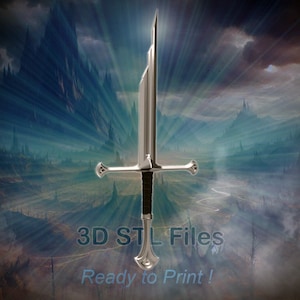 May include: A silver sword with a black handle against a fantasy landscape background. The text "3D STL Files Ready to Print!" is at the bottom of the image.