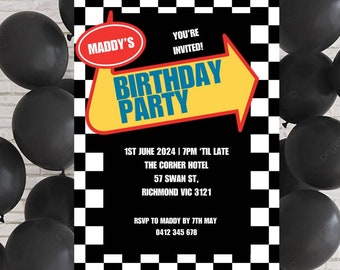 Warped Style Birthday Invitation, Checkerboard Party Invite (Editable Canva Template)