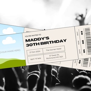 Konzertticket inspirierte Geburtstagseinladung - Bearbeitbare Canva-Vorlage, Musik, Festival, Event, Emo, Pop Punk, Rock, Ticket Stub, Personalisieren