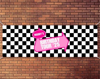 Pink Warped Birthday Banner: Editable Checkerboard Party Decor (Canva Template)