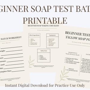 Puede incluir: Hojas de trabajo y hojas de fórmulas imprimibles para lotes de prueba de jabón para principiantes. Incluye una lista de verificación para la fabricación de jabón para principiantes, una lista de aceites e ingredientes, una lista de equipos y una lista de equipos de seguridad. Descarga digital instantánea.