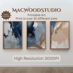 Abstract Watercolor Art Set: Blue Beige Brushstroke Prints (Digital Download)