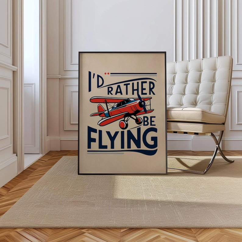 Op de afbeelding: Een vintage poster met een rood vliegtuig en de tekst "I'd rather be flying".