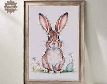 Impresión de dibujo de conejo de Pascua: Decoración primaveral de estilo rústico (descarga digital)