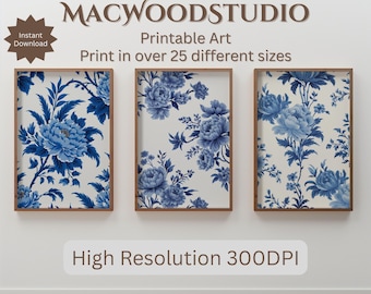 Conjunto de estampados florales chinos azules: Arte mural vintage (descarga digital)
