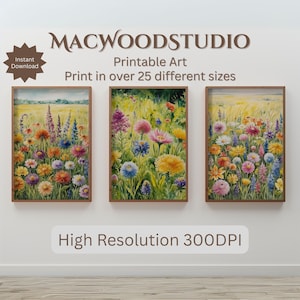 Vibrant Wildflowers Watercolor Art Print - Set of 3 Floral Decor for Home, Bright Nature Wall Art, Colorful Meadow Print Set