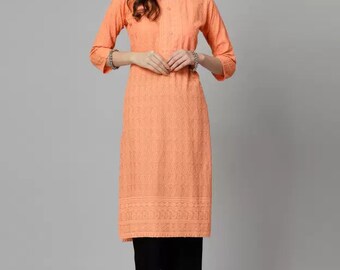 Exclusive Hand Embroidery Chikankari Work Viscose Rayon Kurti for Women and Girls, Chikankari Kurta, Kurti Kurta Set, Free Shipping