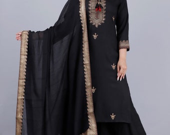 Sharara kurti set, black color full long kurti with sharara and dupatta set, party wear dresses, suits for women, women clothing