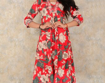 Rayon Floral Hand printed Kurti and Pant Set for Women and Girls , Designer Dresses , Floral Printed Dress , Kurta Dress , Free Shipping