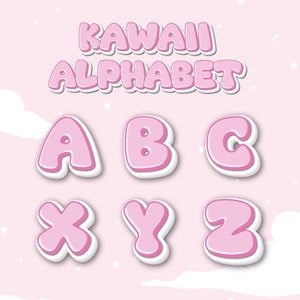 Alfabeto Kawaii, Letras de burbujas Kawaii personalizadas, Alfabeto de burbujas rosa dulce, 26 mayúsculas 26 minúsculas 10 números y paquete de símbolos (27) Pngs