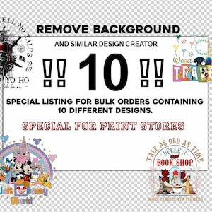 May include: A white background with red text that says "REMOVE BACKGROUND AND SIMILAR DESIGN CREATOR" and "SPECIAL LISTING FOR BULK ORDERS CONTAINING 10 DIFFERENT DESIGNS."  The text "SPECIAL FOR PRINT STORES" is in red.  There are 10 different designs in the image, including a pirate skull, a castle, and a book shop.
