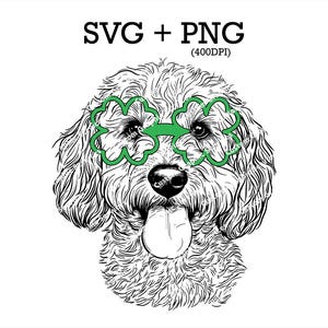 May include: Black and white line art illustration of a dog wearing green shamrock glasses. The dog has a fluffy coat and its tongue is sticking out. The image includes the text "SVG + PNG (400DPI)".