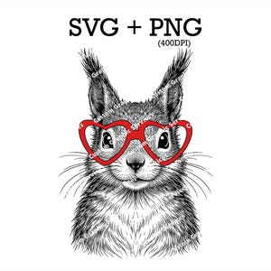 May include: A detailed black and white drawing of a squirrel wearing red heart-shaped glasses. The image includes the text "SVG + PNG (400DPI)". The squirrel's fur is intricately drawn, and it has a charming expression, suitable for various designs.