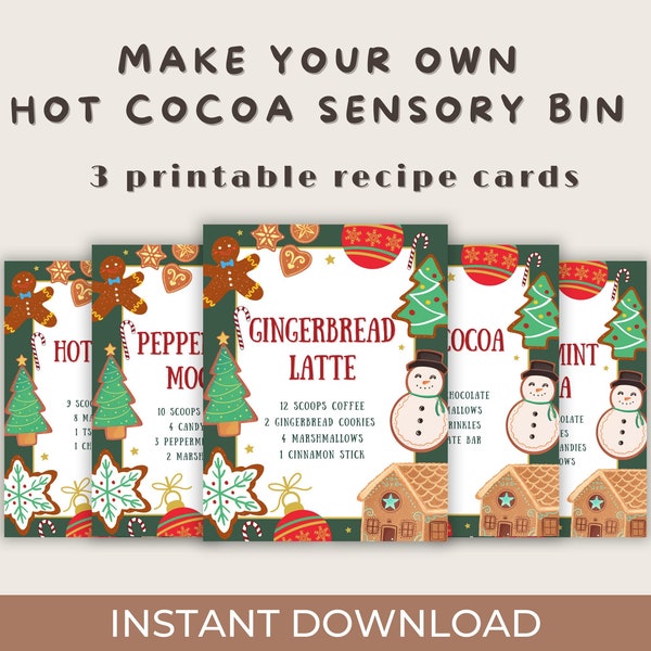 Printable Recipe Cards for a Make Your Own Hot Cocoa Sensory Bin Activity Gift Toddler Montessori Sensorial Christmas Winter Education Toy