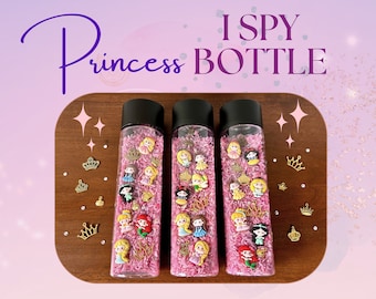 Bottiglia sensoriale Princess I Spy: giocattolo Montessori personalizzato "cerca e trova"