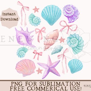 May include: A set of watercolor illustrations featuring seashells, starfish, and bows in various pastel colors. The illustrations are perfect for crafting projects, scrapbooking, or digital design.
