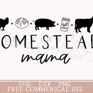 Op de afbeelding: Zwart-witte illustratie van een boerderij met een kip, een brood, een varken, een glazen pot en een koe. De tekst "HOMESTEAD mama" staat onder de illustratie.