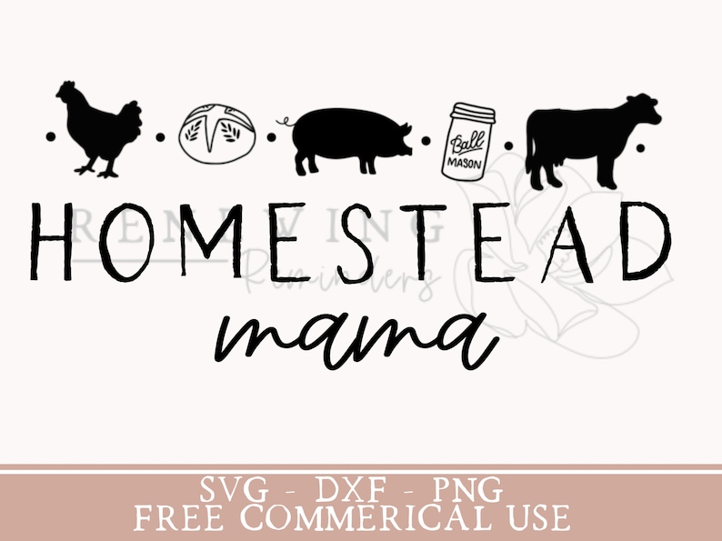 Op de afbeelding: Zwart-witte illustratie van een boerderij met een kip, een brood, een varken, een glazen pot en een koe. De tekst "HOMESTEAD mama" staat onder de illustratie.