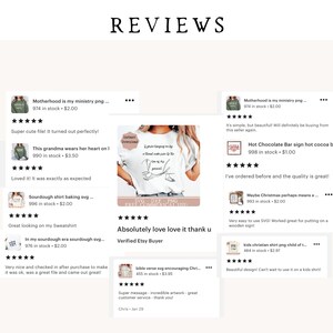 Może przedstawiać: Kolaż recenzji Etsy z obrazami cyfrowych plik&oacute;w do pobrania do projekt&oacute;w rękodzielniczych. Recenzje są pozytywne i zawierają komentarze dotyczące jakości produkt&oacute;w i obsługi klienta sprzedającego. Produkty obejmują grafikę babci noszącej serce na rękawie, projekt pieczenia koszulki z zakwasu, znak baru z gorącą czekoladą, svg z wersetem biblijnym i projekt koszulki dla dzieci.