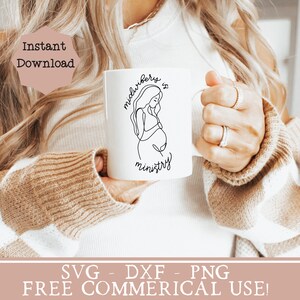May include: White ceramic mug with a black line drawing of a pregnant woman and the text "Midwifery is a ministry".