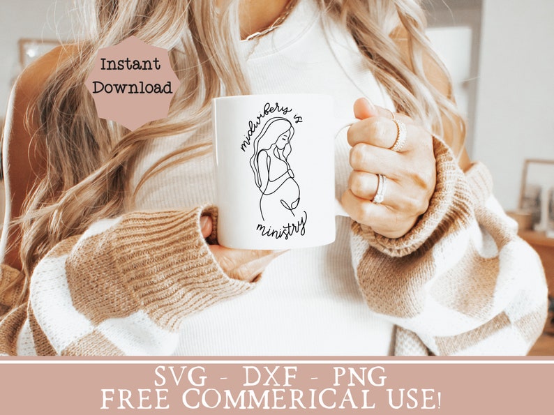 May include: White ceramic mug with a black line drawing of a pregnant woman and the text "Midwifery is a ministry".