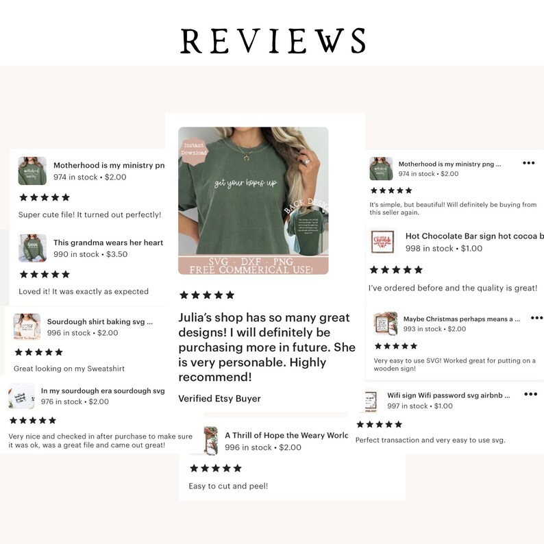 May include: A collage of customer reviews for digital design files. The reviews are positive and include comments about the quality of the designs, the seller's responsiveness, and the ease of use. The designs include a variety of themes, such as motherhood, baking, and Christmas.