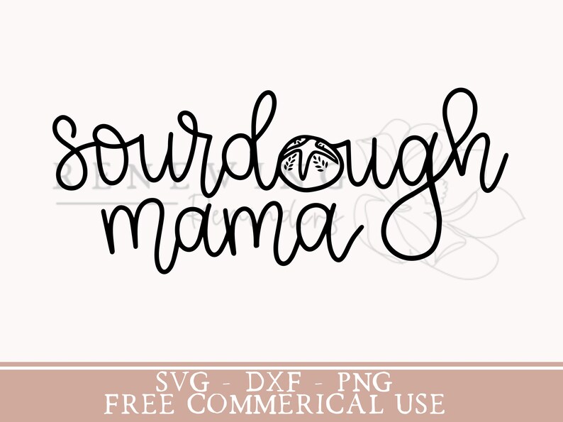 May include: Black and white line art design of the text "sourdough mama" with a small illustration of a sourdough bread loaf.