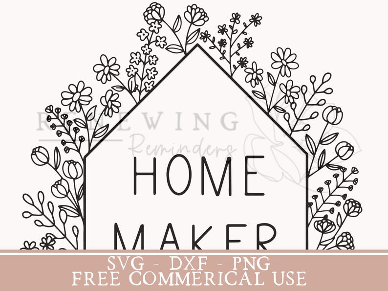 K&ouml;nnte beinhalten: Schwarzwei&szlig;es Line-Art-Design eines Hauses mit floralem Rand. Der Text "Home Maker" befindet sich im Inneren des Hauses.