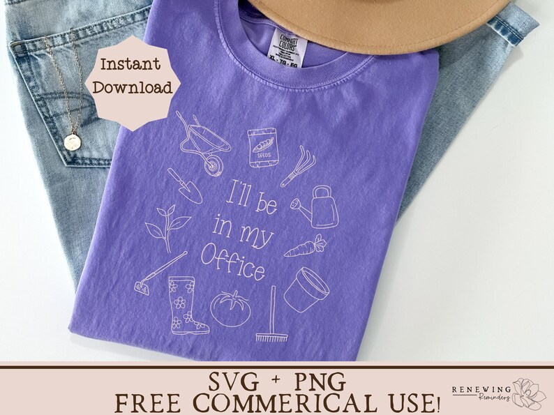 May include: Purple t-shirt with a white outline design of gardening tools and the text "I'll be in my office".