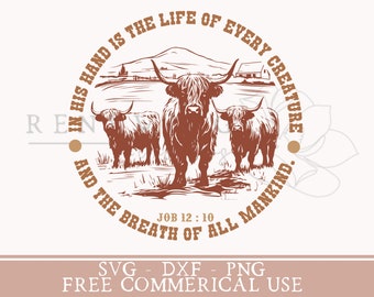 May include: A brown circle with the text "In His Hand Is The Life Of Every Creature And The Breath Of All Mankind." with a bible verse "Job 12:10" and a drawing of three Highland cattle in a field.