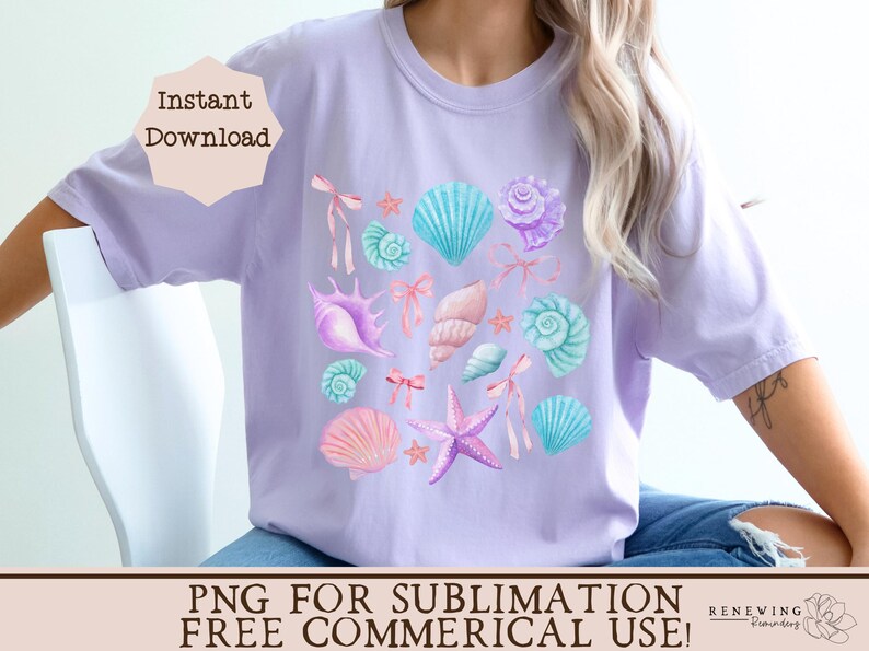 May include: A purple t-shirt with a design of seashells, starfish, and pearls. The design is in shades of pink, blue, and white. The text "Instant Download" and "PNG for Sublimation Free Commercial Use!" is on the shirt.