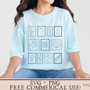 May include: Light blue t-shirt featuring a grid of seashell illustrations within postage stamp frames. The shirt's design includes various shell shapes and a starfish. The text "SVG + PNG FREE COMMERICAL USE!" is at the bottom.