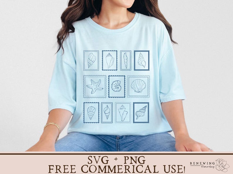 May include: Light blue t-shirt featuring a grid of seashell illustrations within postage stamp frames. The shirt's design includes various shell shapes and a starfish. The text "SVG + PNG FREE COMMERICAL USE!" is at the bottom.