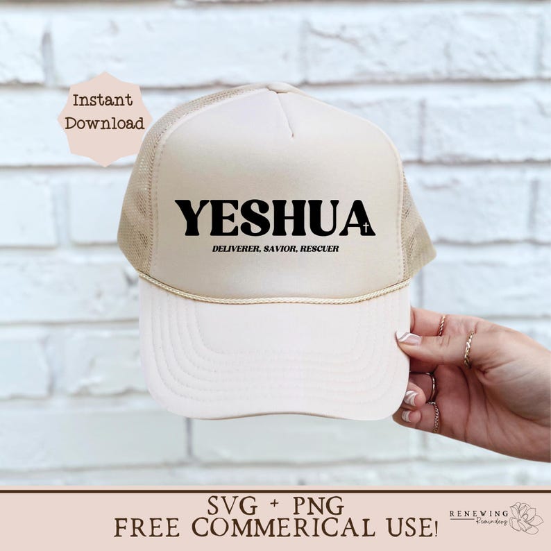 May include: A beige trucker hat with a black mesh back. The front of the hat has the word "YESHUA" in black block letters with a small cross symbol. Below the word is the text "DELIVERER, SAVIOR, RESCUER".