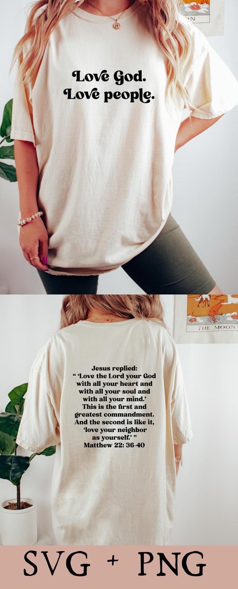 K&ouml;nnte beinhalten: Ein wei&szlig;es T-Shirt mit dem Text "Love God. Love people." auf der Vorderseite und einem Bibelvers auf der R&uuml;ckseite. Der Vers stammt aus Matth&auml;us 22,36-40 und lautet: "Liebe den Herrn, deinen Gott, mit ganzem Herzen, mit ganzer Seele und mit ganzem Verstand.' Dies ist das erste und gr&ouml;&szlig;te Gebot. Und das zweite ist ihm gleich: 'Liebe deinen N&auml;chsten wie dich selbst."