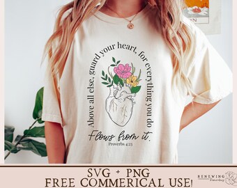 Christian shirt png guard your heart svg proverb 423 svg bible verse sublimation design faith shirt svg Christian aesthetic graphic tee png