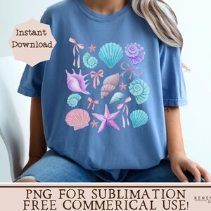 May include: A blue t-shirt with a design of seashells, starfish, and bows in shades of pink, purple, and blue. The text "Instant Download" is visible in the top left corner.