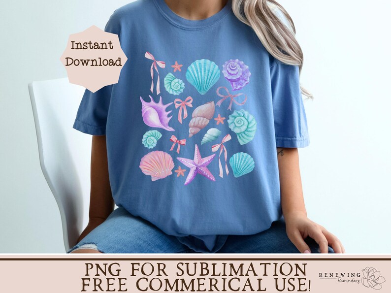May include: A blue t-shirt with a design of seashells, starfish, and bows in shades of pink, purple, and blue. The text "Instant Download" is visible in the top left corner.