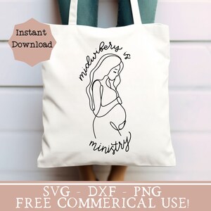 May include: A white tote bag with a black line drawing of a pregnant woman and the text "Midwifery is ministry".