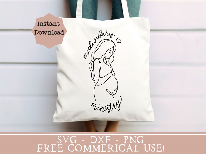 May include: A white tote bag with a black line drawing of a pregnant woman and the text "Midwifery is ministry".