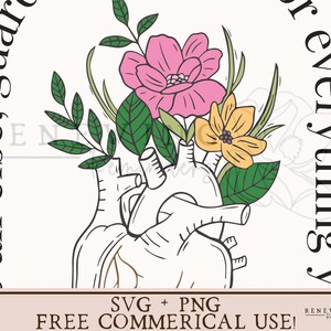May include: A black and white anatomical heart illustration with pink, yellow, and green flowers growing from it. The text "Guard all else, guard everything you love" surrounds the image.