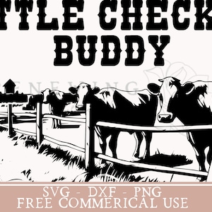 以下が含まれることがあります： 柵のある畑に並んだ牛の白黒のイラスト。画像の上部に「Cattle Checking Buddy」というテキストがあります。