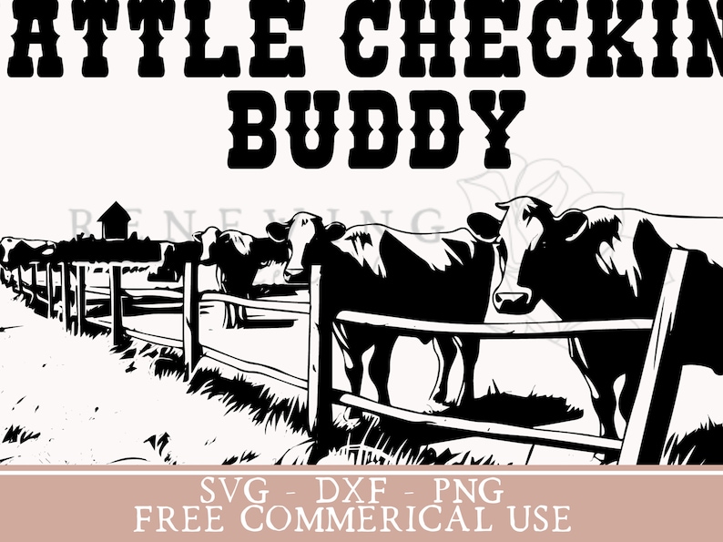 以下が含まれることがあります： 柵のある畑に並んだ牛の白黒のイラスト。画像の上部に「Cattle Checking Buddy」というテキストがあります。