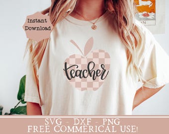 Checkered apple png teacher apple svg teacher tote bag png checkered teacher shirt svg trendy teacher sublimation design back to school png