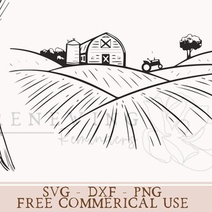 May include: Black and white line drawing of a farm scene with a barn, tractor, and wheat stalks. The barn has a large red door and a silo. The tractor is driving through a field of wheat. The wheat stalks are tall and slender.