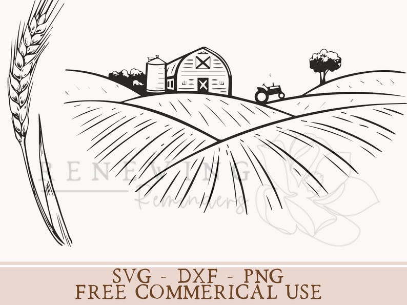 May include: Black and white line drawing of a farm scene with a barn, tractor, and wheat stalks. The barn has a large red door and a silo. The tractor is driving through a field of wheat. The wheat stalks are tall and slender.