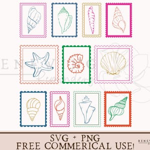 May include: A collection of seashell illustrations in various colors, each framed within a postage stamp design. The image includes a starfish and several types of shells. Text at the bottom reads "SVG + PNG FREE COMMERICAL USE!"