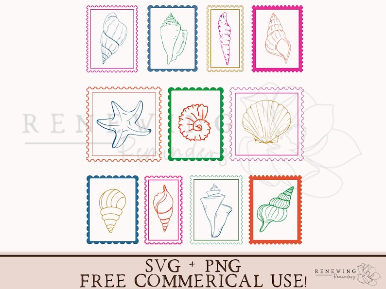 May include: A collection of seashell illustrations in various colors, each framed within a postage stamp design. The image includes a starfish and several types of shells. Text at the bottom reads "SVG + PNG FREE COMMERICAL USE!"