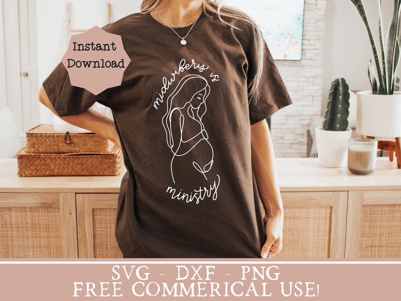 May include: A brown t-shirt with a white line drawing of a pregnant woman and the text "Midwifery is a ministry".